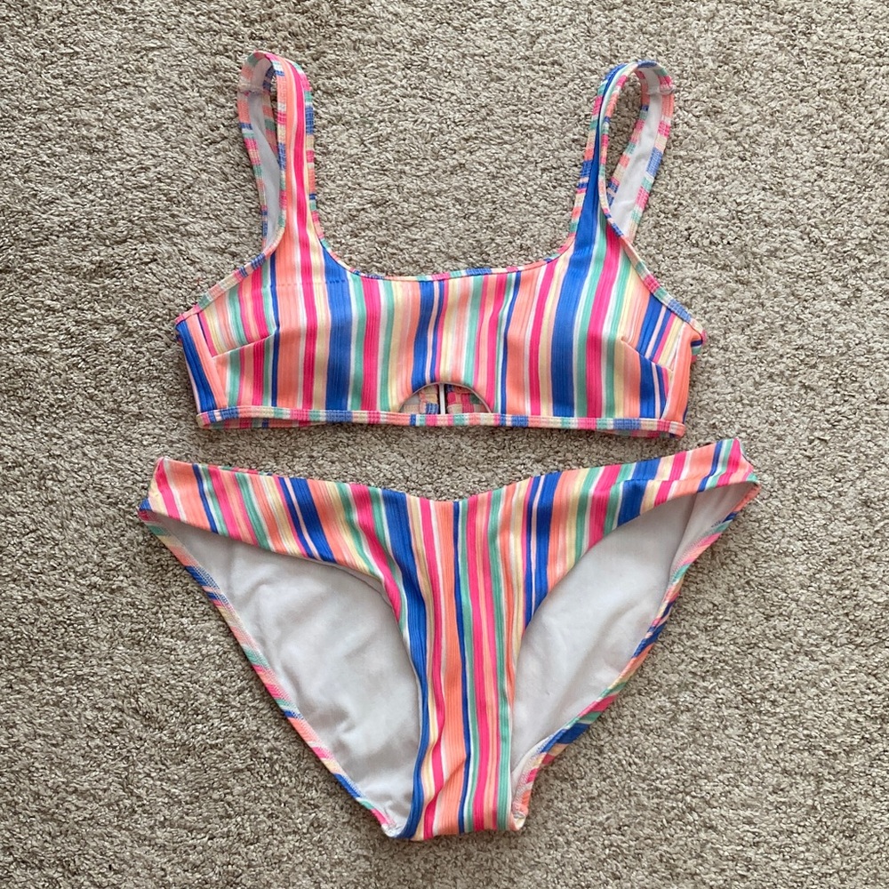No Boundaries Bikini Set Multi Color Sunset Stripes Medium Top and Large Bottom